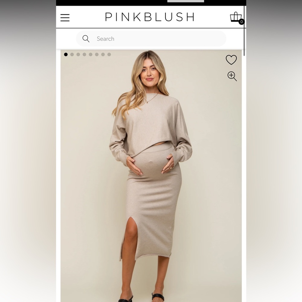 Pink Blush // Beige Knit Long Sleeve Crop Top Maternity Midi Skirt Set